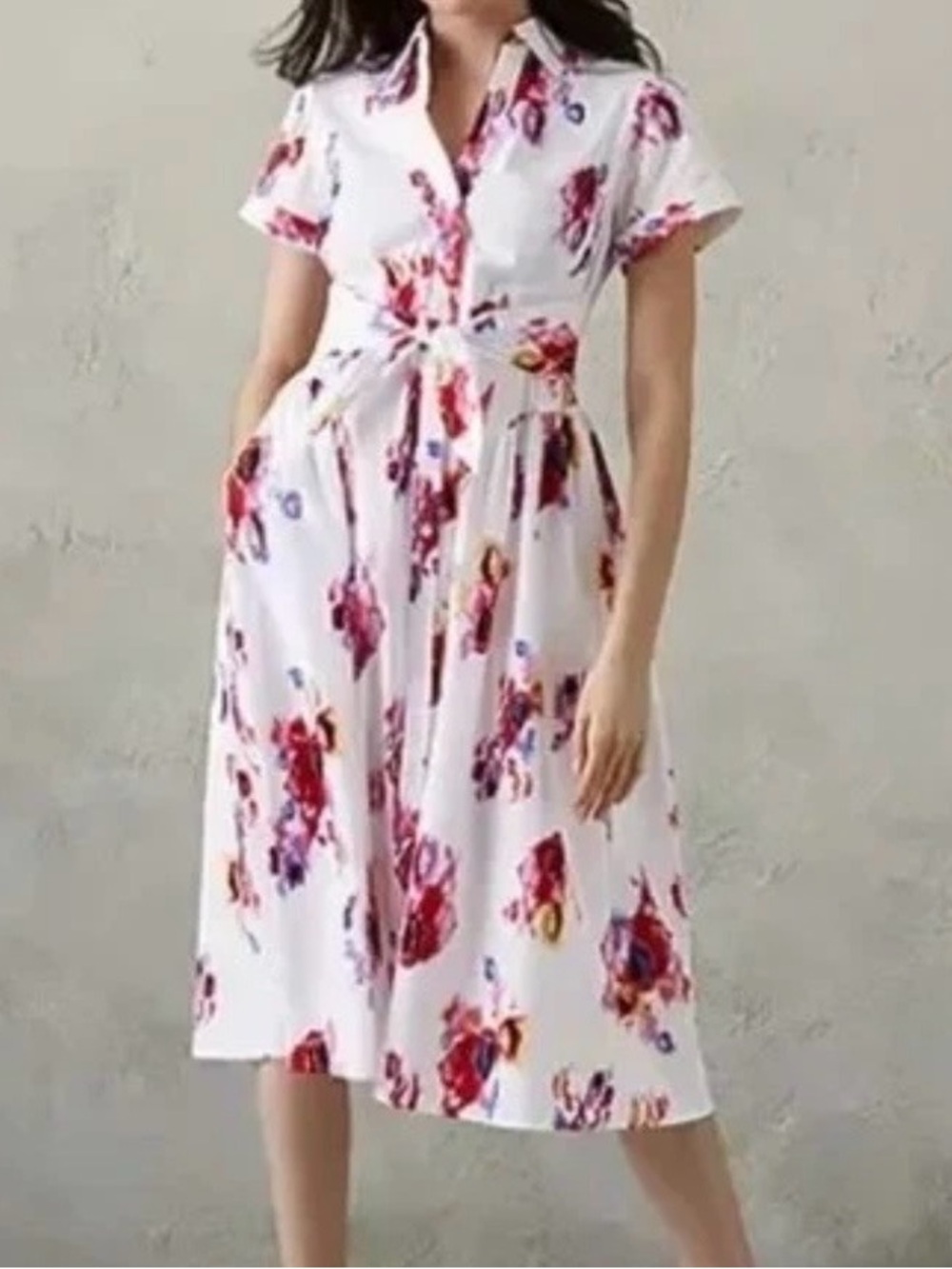 Prabal Gurung White Midi Shirt Dress with Red and Purple Floral Accents